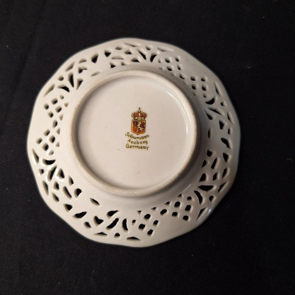 Schumann Arzberg Germany Reticulated Porcelain Nut Dish Rose Floral Gold Trim 5
